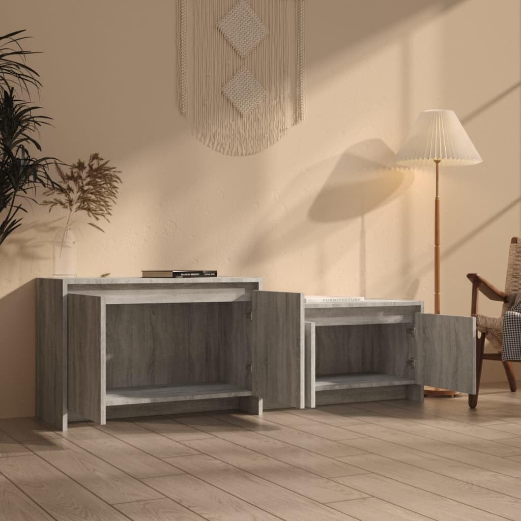 Hothingwell Sonoma szafka pod telewizor szara 146,5x35x50 cm drewno inżynieryjne | 4 drzwi, 2 sztuki do montażu, przechowywanie DVD i konsoli, łatwe czyszczenie