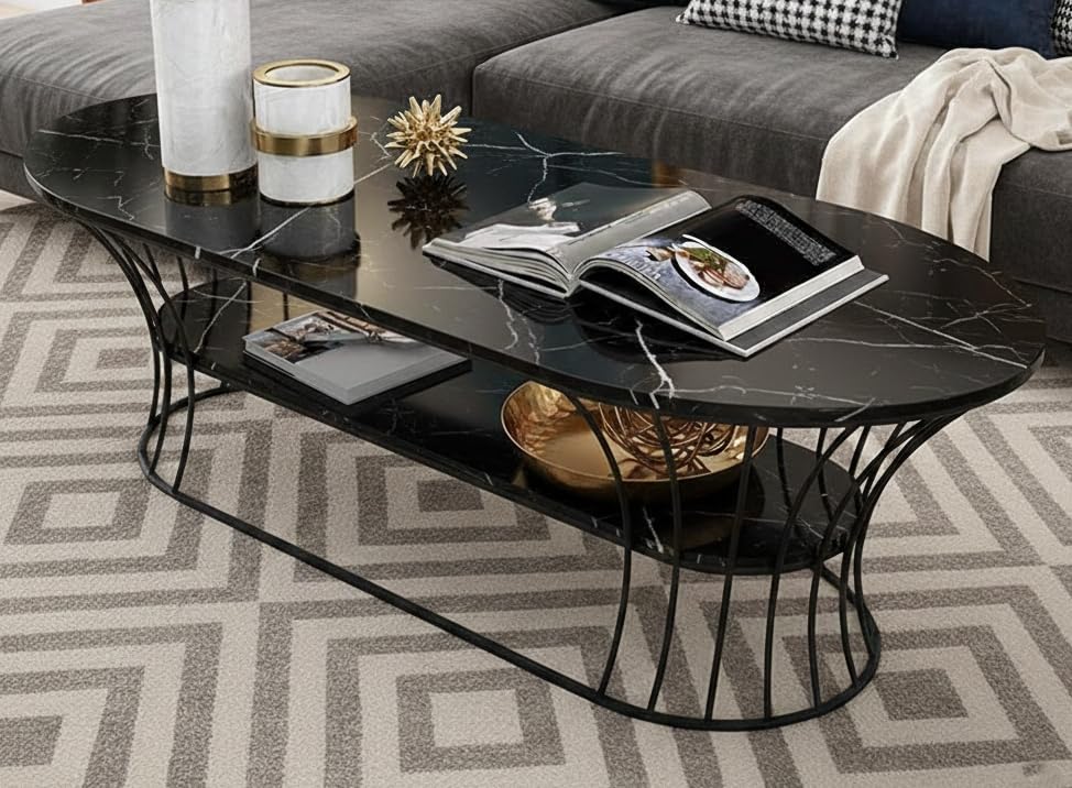 Image of Metal Oval Coffee Table Living Room Sofa Side Cabinet Small Table Creative Household Removable Coffee Table (Black Black)