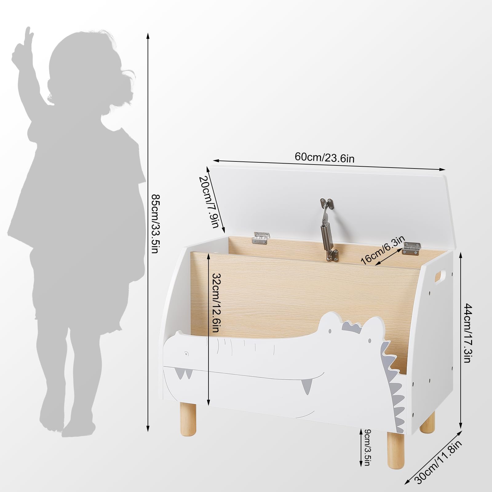WOLTU Panca Contenitore per Bambini, Contenitore Porta Giocattoli in Legno a Coccodrillo, Cassapanca con Scomparto Chiuso e Aperto, Bianco, 49,5x30x44,5cm