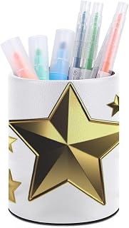 Pen Holder for Desk Gold Star Pencil Holder Leather Desk Organizer Pencil Cup Holder Creative DesktopDecor for Office, Art Supplies, Cosmetics | Modern Desktop Storage