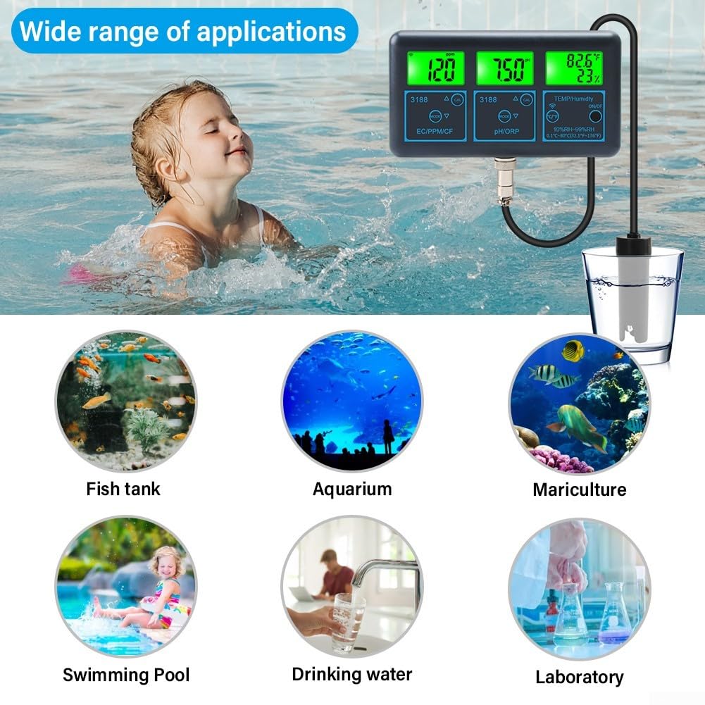 Analizzatore di qualità dell'acqua 7 in 1 per Tuya WiFi, rilevatore piscina con temperatura di sale PH ORP, monitoraggio remoto e alta precisione per piscina acquacoltura (EU)