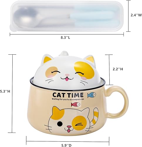Miniatura 2 de Tazón de ramen con asa y tapa, cuenco de cerámica para fideos instantáneos de 34.5 onzas, lindo gato con cuchara, palillos para dormitorio, tazón