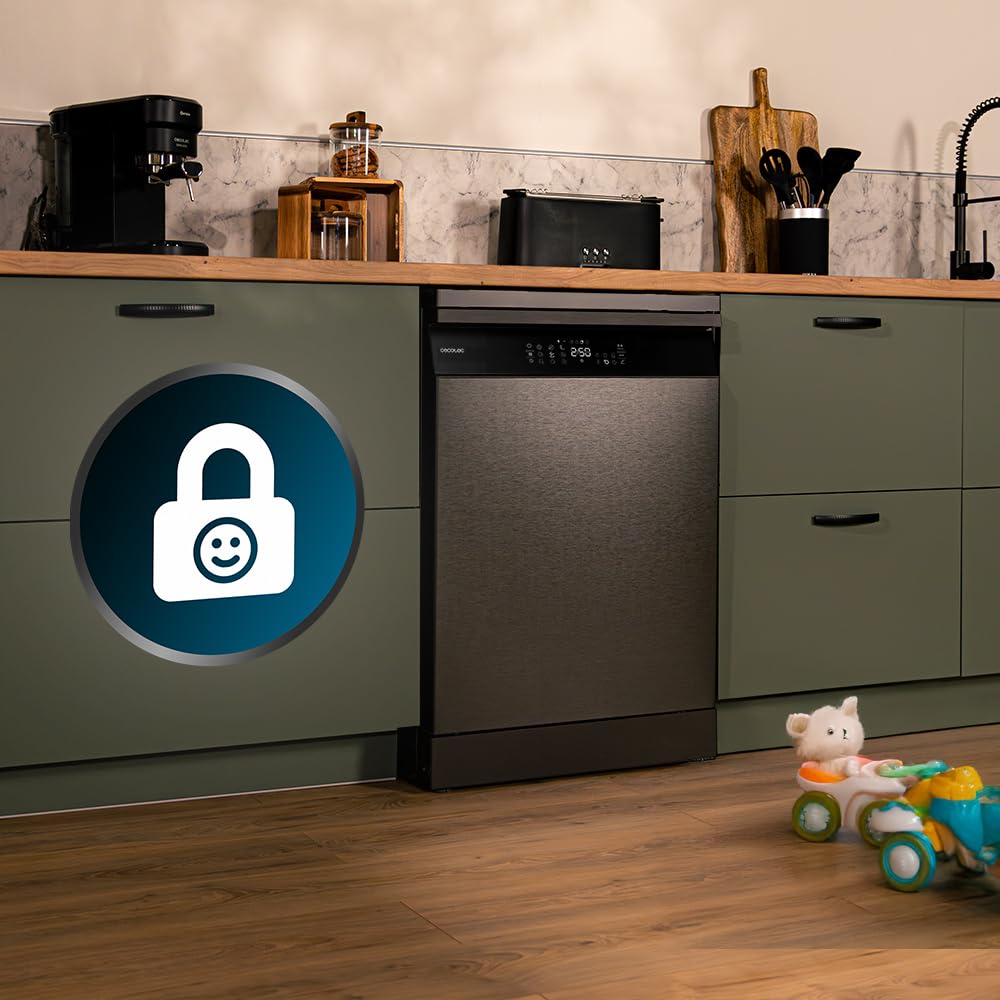 Cecotec Lavastoviglie 60 cm Bolero Aguazero 6800 Dark A, 14 posate, Basso consumo, Motore inverter plus duo, 8 programmi, Lavaggio automatico, Pulizia a vapore, Pulizia interna e mezzo carico