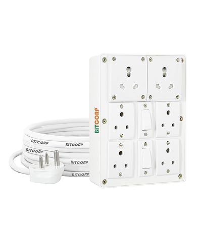 Bitcorp Extension Cord (2000W) 6A 16A 20A Spike Guard Thermal Protection 6 Way Multi Pin Outlet 2 Switch Power Cord with 8 Meter Long Wire Cable Suitable for Small and Heavy Duty Appliance
