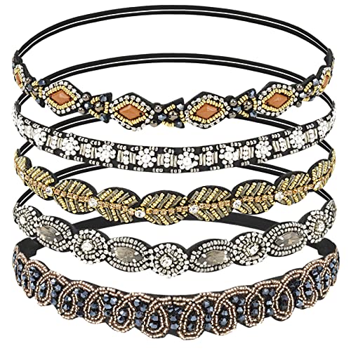 AMCAMI 5-Piece Rhinestone Beaded Hairband Set for Women - Fancy Elastic Headbands with Jeweled Crystal Beads - Handmade Hair Accessories for Women, Girls, and Ladies