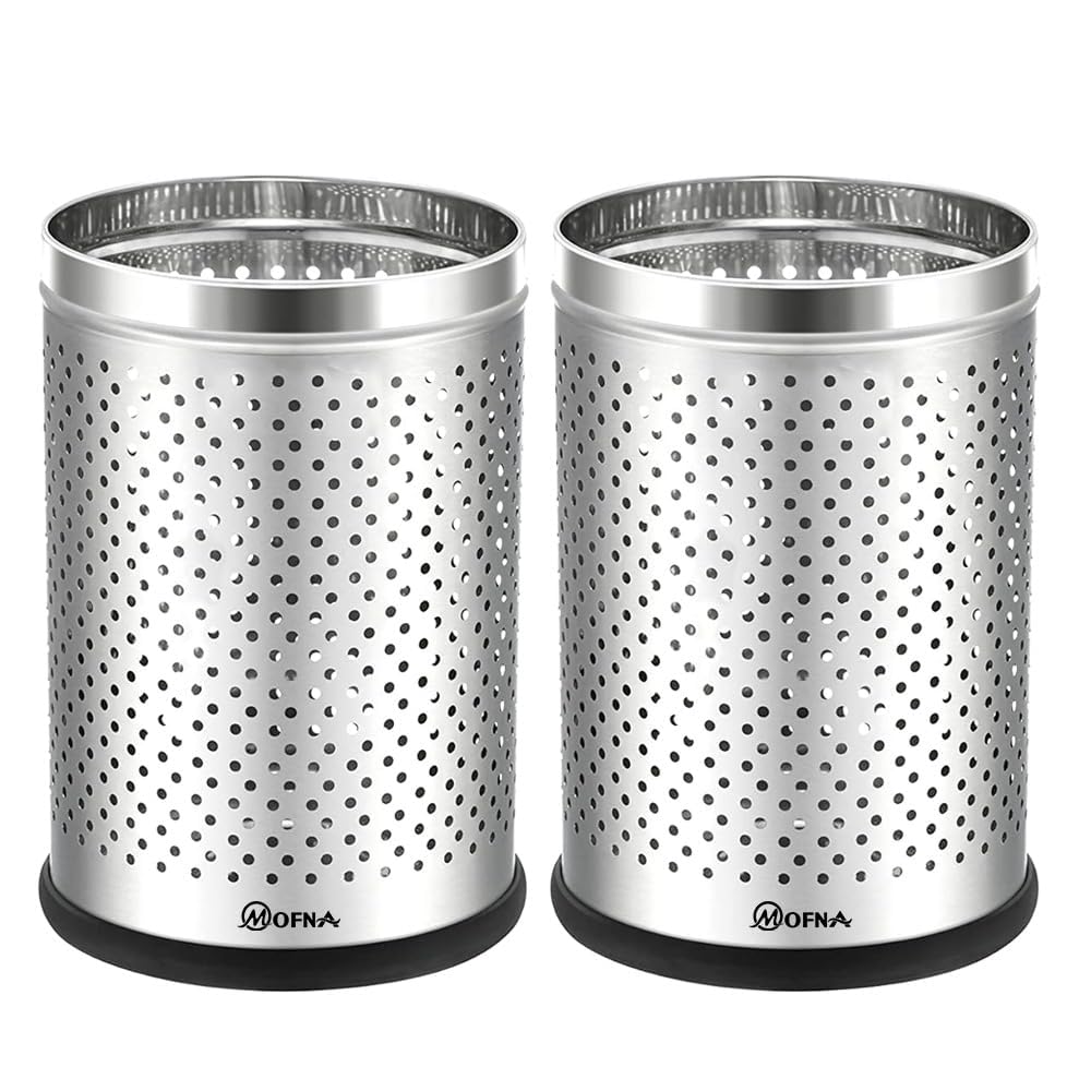 mofna Stainless Steel Perforated Silver Dustbin for Home, Trash Can with Anti-skid Base, Garbage Bin for Bathroom, Office, Kitchen Commercial Use- (8x12 In -10 Liter, Pack of 2)-image-0