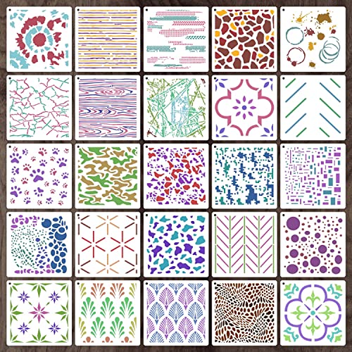 6 Inch Wall Texture Stencils For Painting, 25 Pieces Reusable Diy Modern Wall Stencil Mixed Crackle Marble Background Camo Spray Paint Art Templates For Wood Canvas Paper Floor Tile(Wall) #TOP4