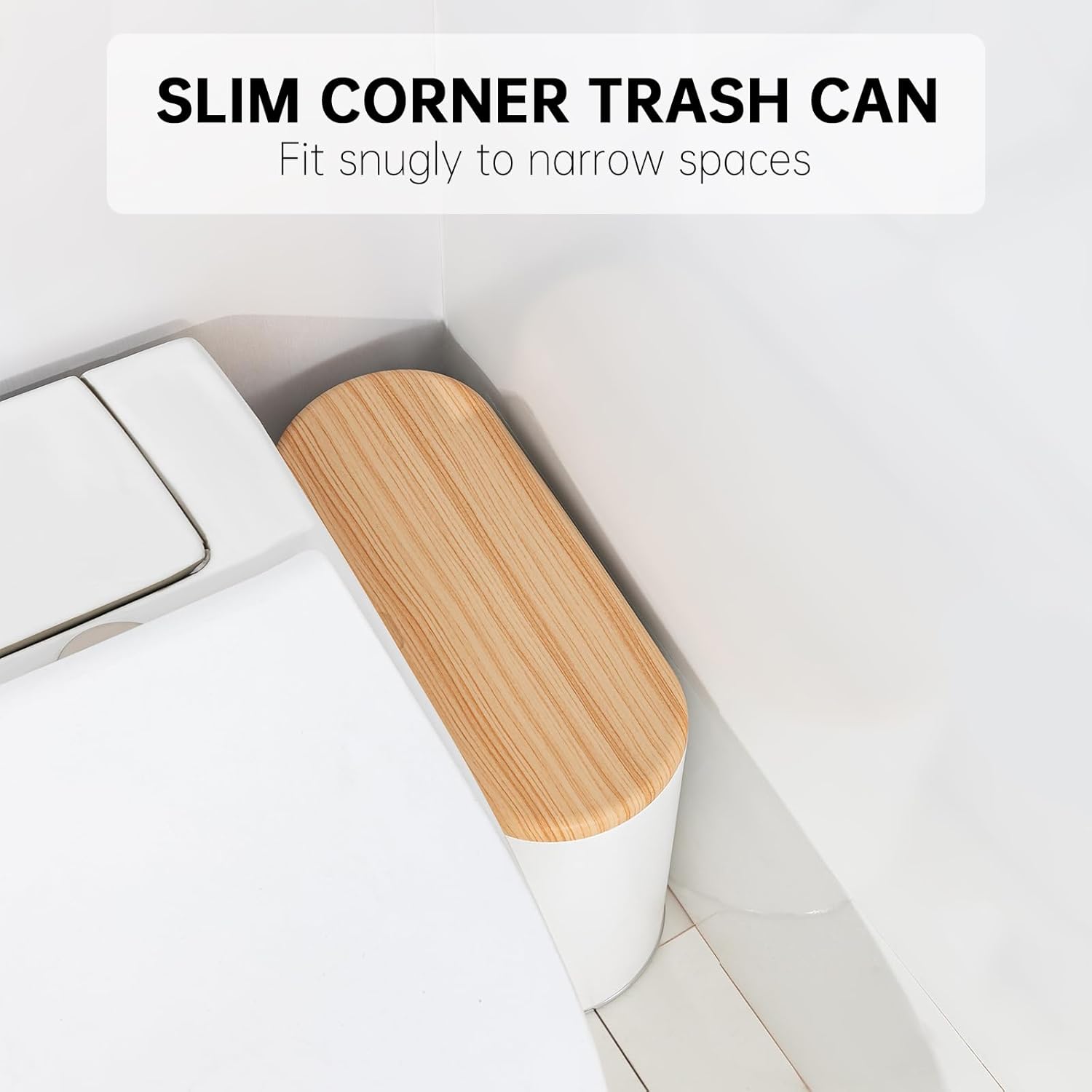 Small Bathroom Trash Can with Lid, 10L/2.6 Gal Slim Wastebasket - Odor & Pet Proof, Inner Bucket & Wood Grain Top, Plastic White Garbage Can for Kitchen, Bedroom, Living Room, Office, RV - Image 3