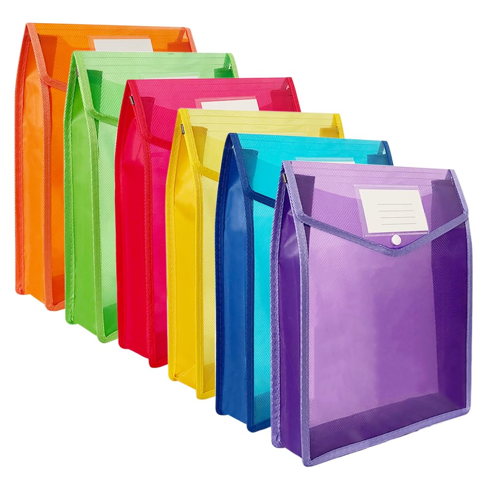 LiujiamiA4 Plastic Wallets Folders 6 Pcs Filing Envelopes with Button Closure Waterproof Popper Wallet Document Storage Paper Bag File Folders for School Office Home, Multi-Color