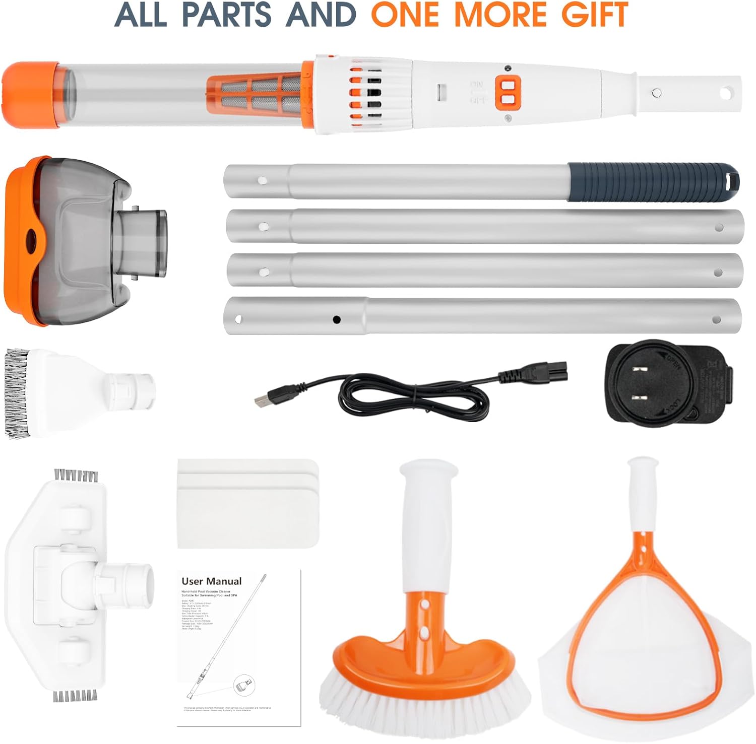 All in ONE Rechargeable Pool & Spa Hot Tub Vacuum Cleaner - Dual Mode & Magnetic Drive System, 25µm Ultra Fine Mesh Filters for Hot Tub, Small Above Ground Pools, 70 Mins (Orange)