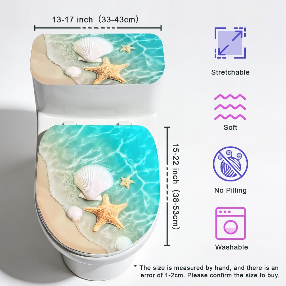2Pcs Coastal Beach Toilet Lid Cover and Tank Cover Set Stretch Cover Sets Toilet Seat Covers Fabric Sets Machine Wash Fits Round Elongated Oblong for Bathroom Replacement