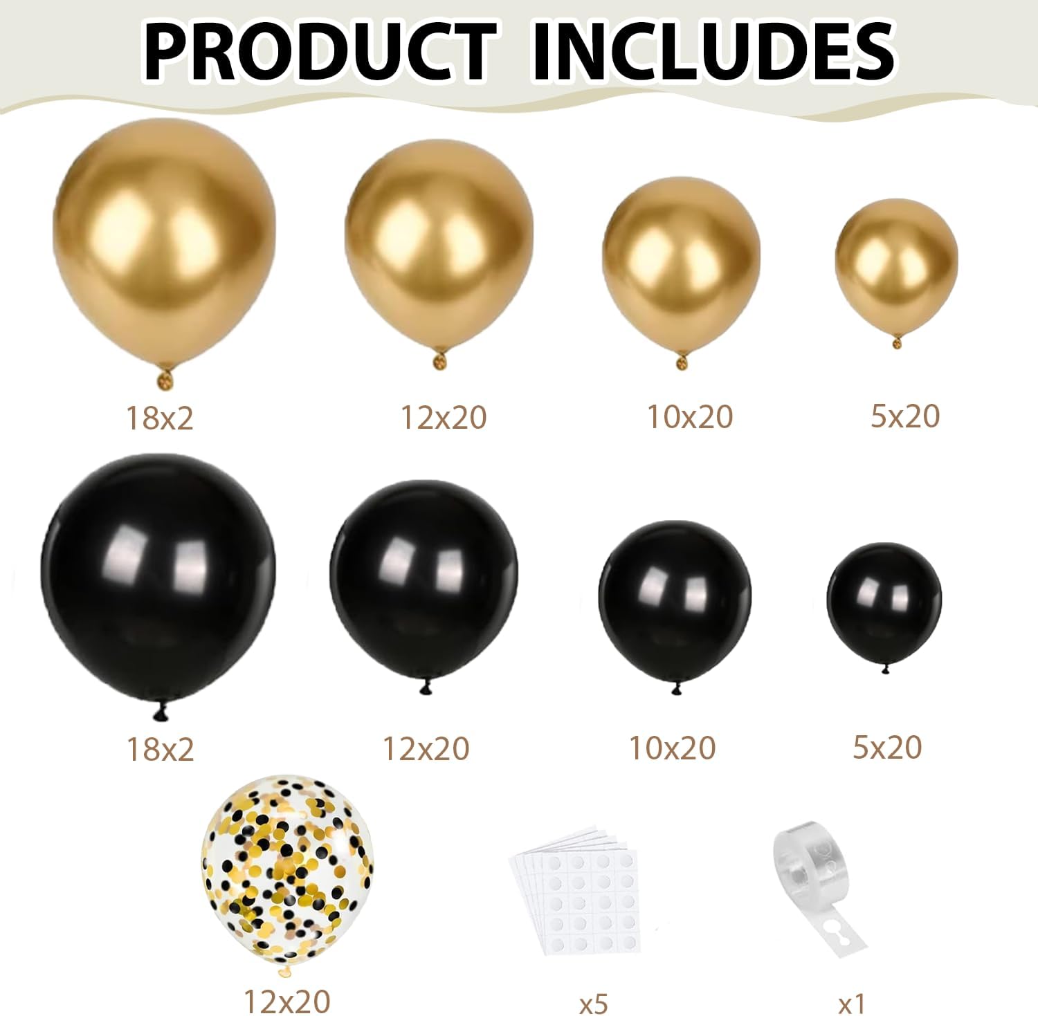 Black and Gold Balloon Arch Kit - 144pcs Black and Gold Balloons Metallic Gold Confetti Balloons Different Sizes 18/12/10/5in for Birthday Wedding New years Graduation Masquerade Party Decorations - Image 2