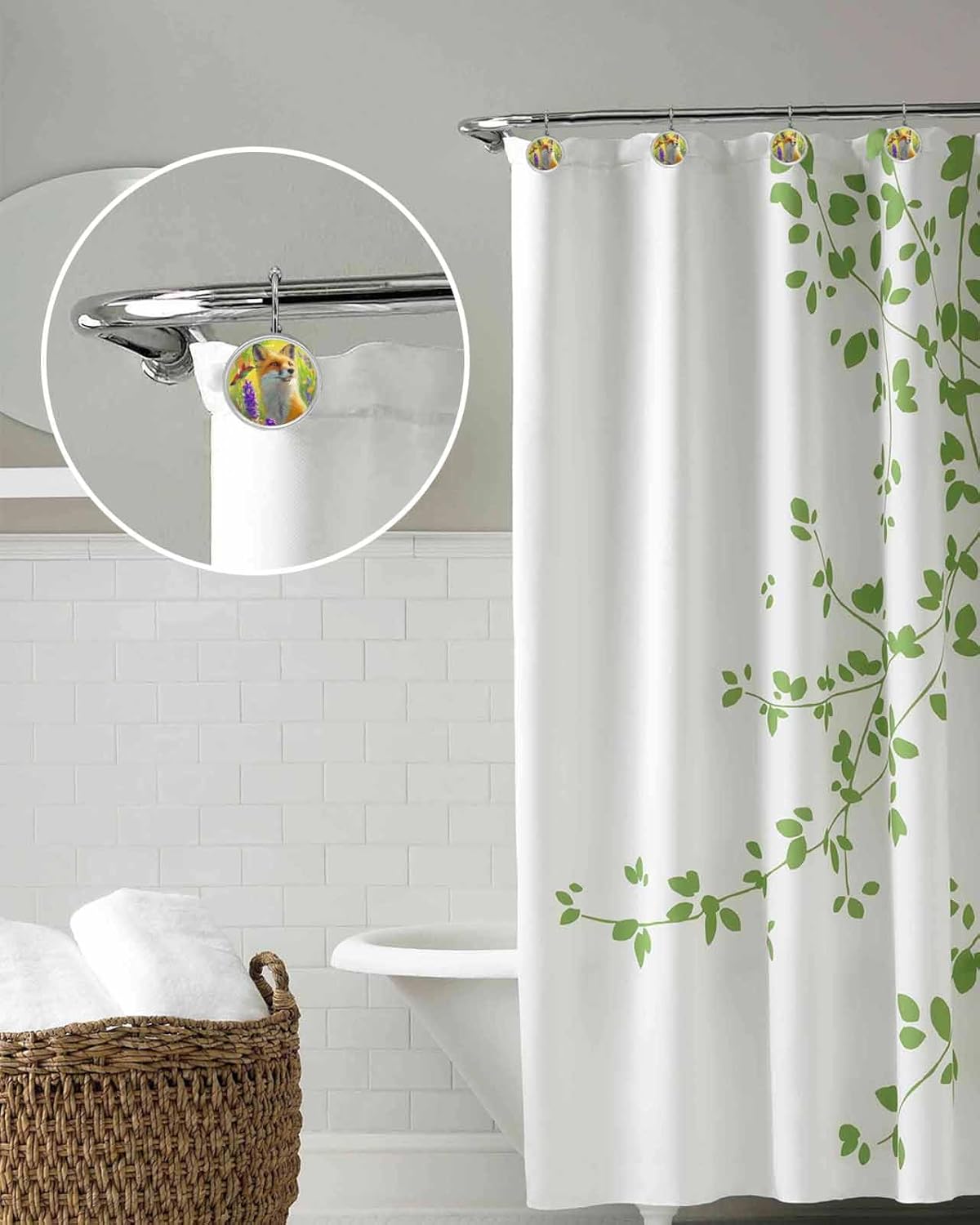 Shower Curtain Hooks 12 Pcs Fox Hummingbird Lavender Flowers Oil Painting Stainless Steel Rust Proof Rolling Shower Curtain Rings, Decorative Shower Curtain Hooks Hangers for Bathroom
