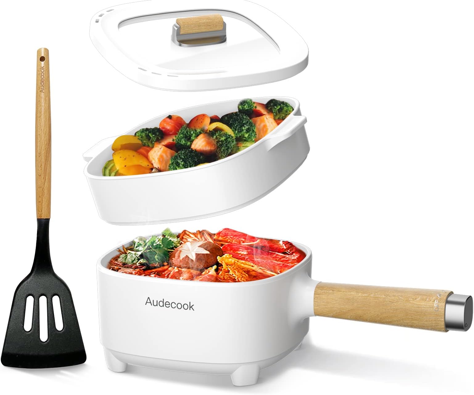 Audecook Electric Frying Pan with Steamer, Upgraded 2L Ceramic Nonstick Frying Pan, Electric Ramen Pan for Steak, Eggs, Fried Rice, Oatmeal, Soup (White)