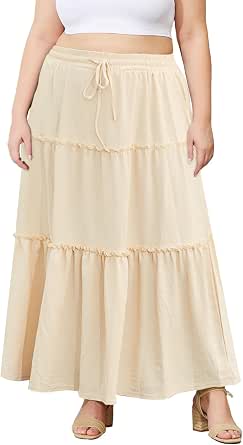 Moon Wood Women's Plus Size Maxi Skirt High Waisted Pleated A Line Flowy Tiered Long Skirts with Pockets