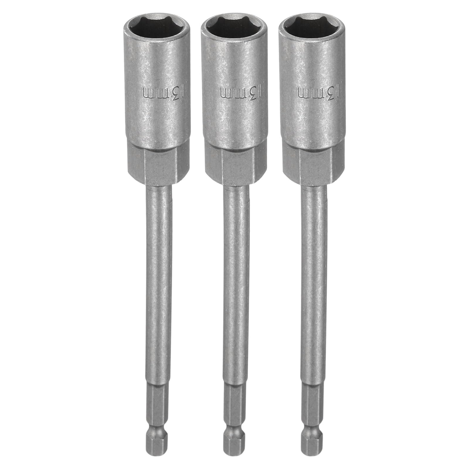 sourcing map 3pcs Nut Driver Drill Bit 13mm Metric Impact Socket 1/4" Hex Shank 6" (150mm) Extra Long 6-Point Sockets Quick-Change CR-V Steel Bolt Setter for Power Drill Drivers