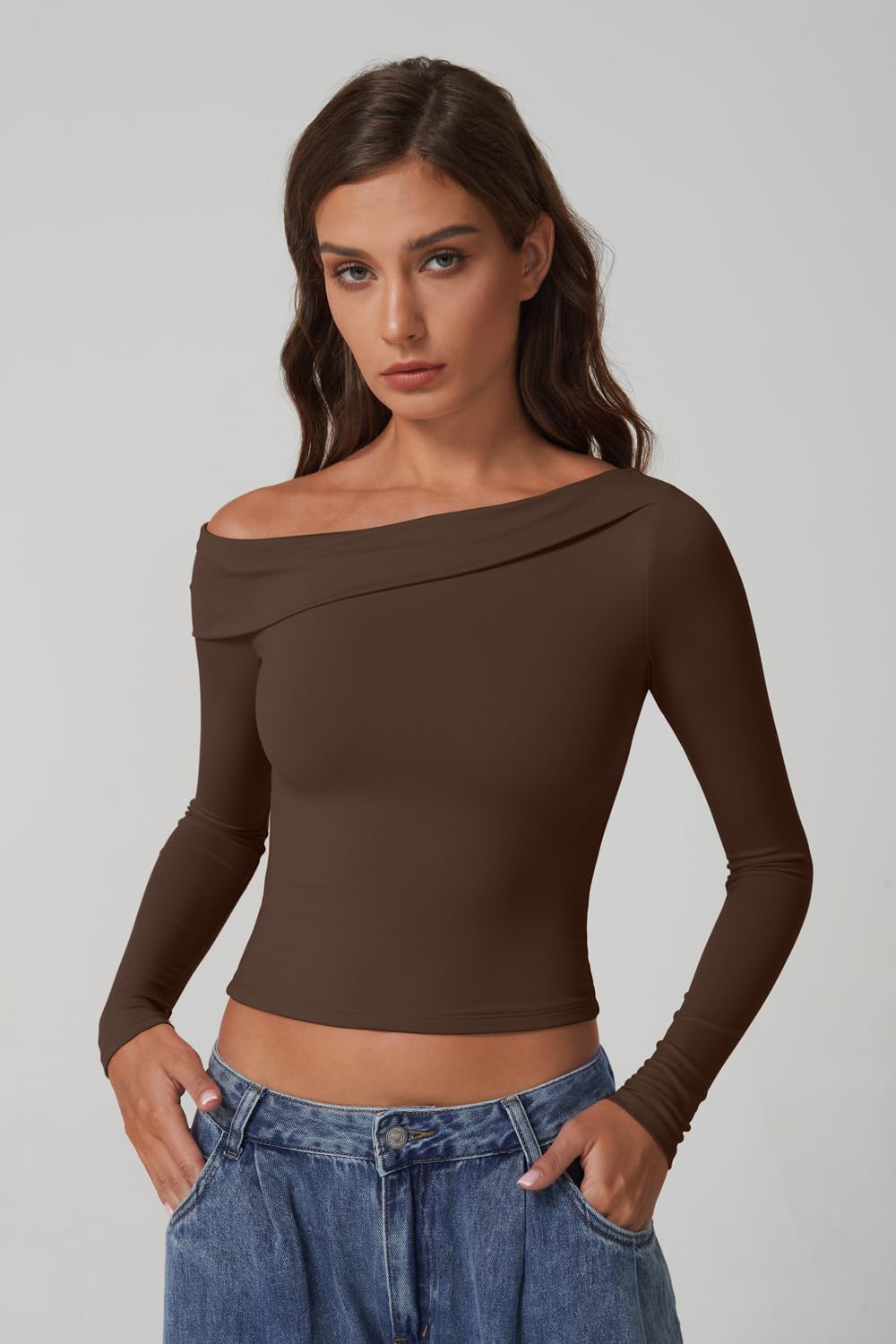 QINSEN Women Long Sleeve Off Shoulder Tops Trendy Double Lined Going Out Shirt for Fall - Image 4