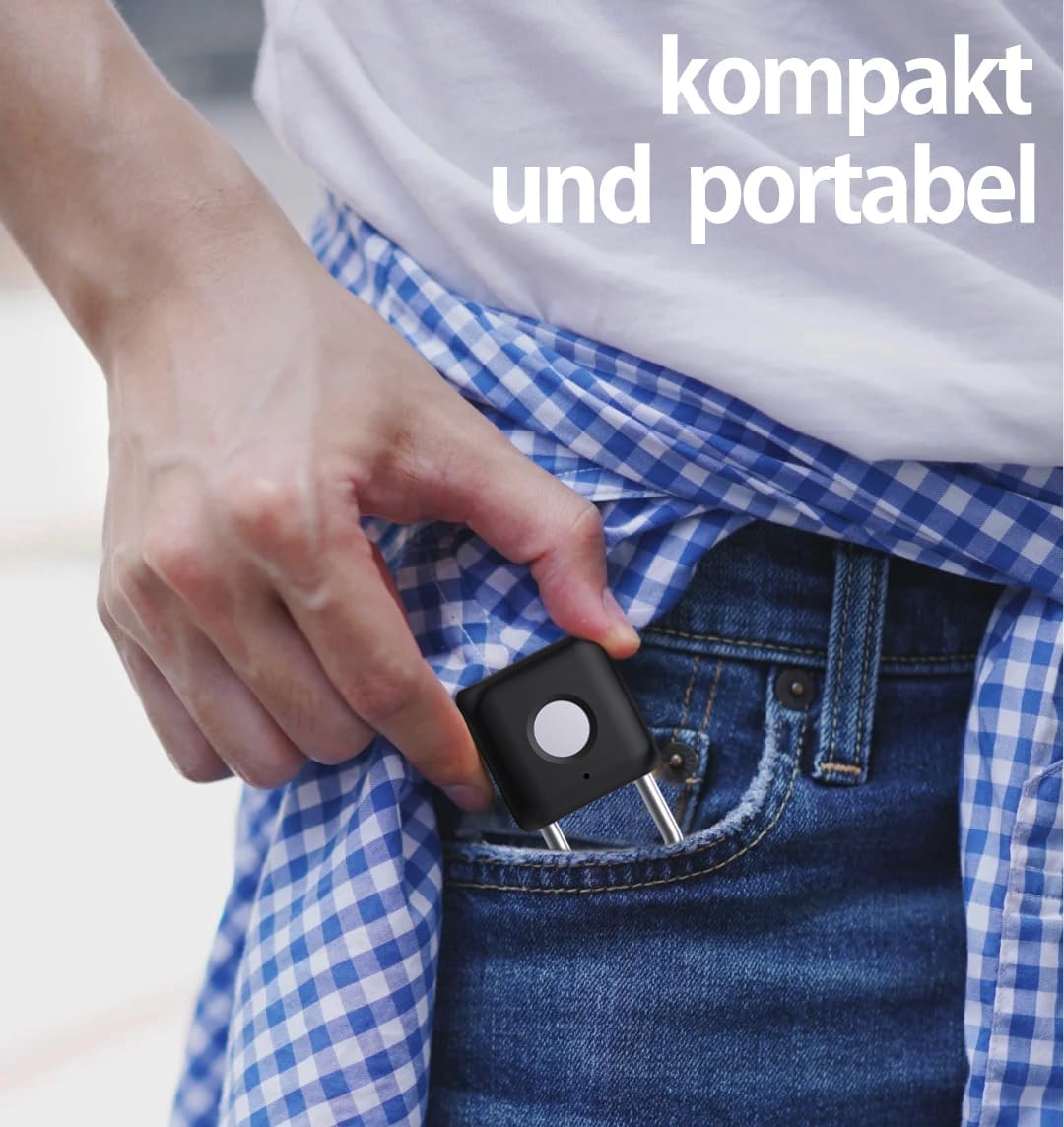 eLinkSmart Fingerprint Padlock being placed into a jeans pocket, demonstrating its compact and portable size.