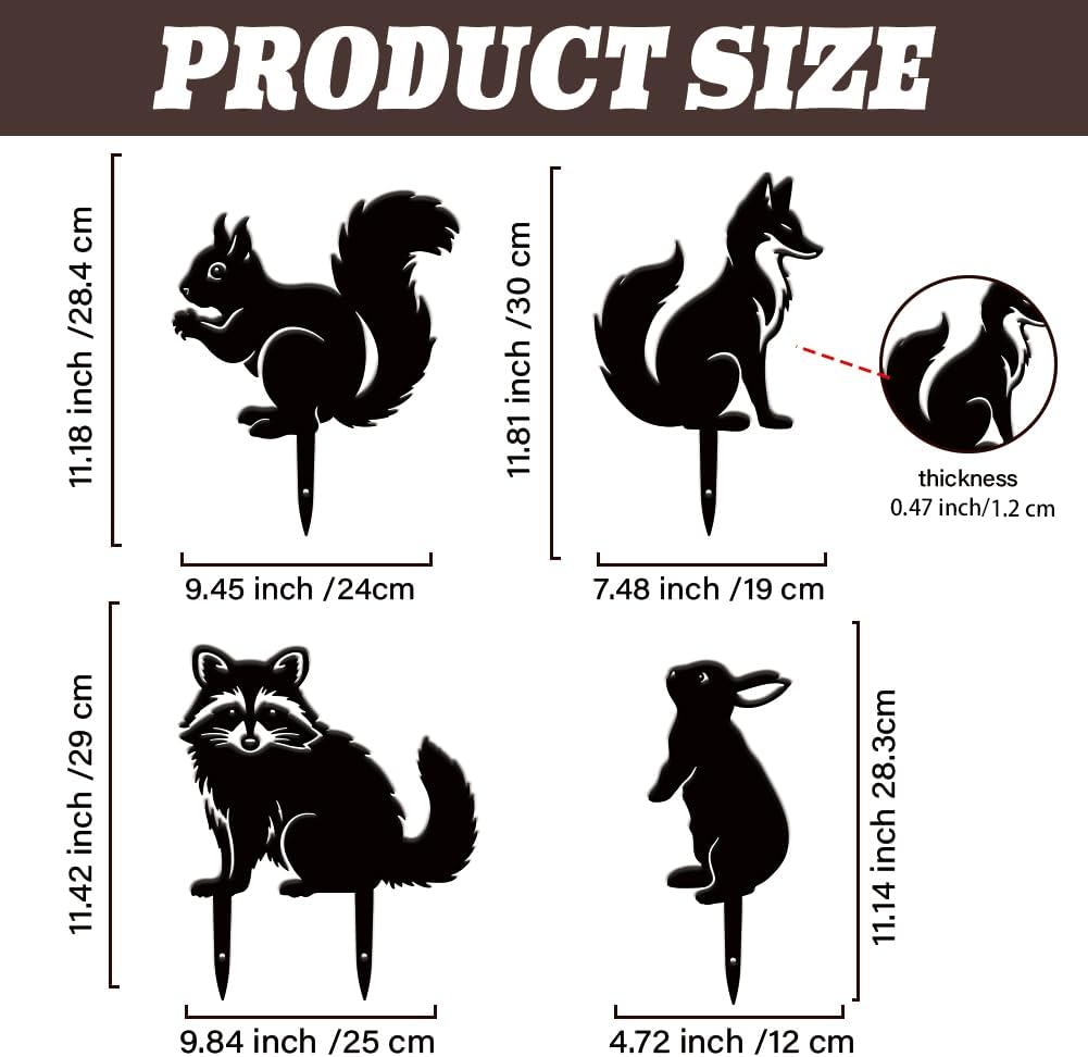 SUPERDANT 4PCS Metal Animals Garden Decor for Outside Fox Rabbit Squirrel Raccoon Yard Stakes for Decorations Outdoor Statues Iron Art Stake Decorative Lawn Ornament Patio Porch Farmhouse Decor Gifts