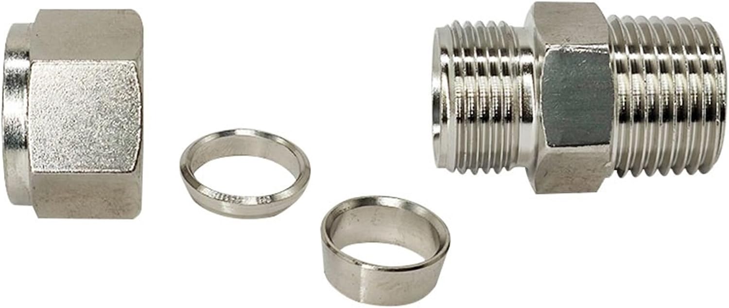 SS 304 Stainless Steel Double Ferrule Compression Connector 6/8/10/12/14mm Tube To 1/8 1/4 3/8 1/2 Inch 5Pcs(16mm OD Tube,1/4")