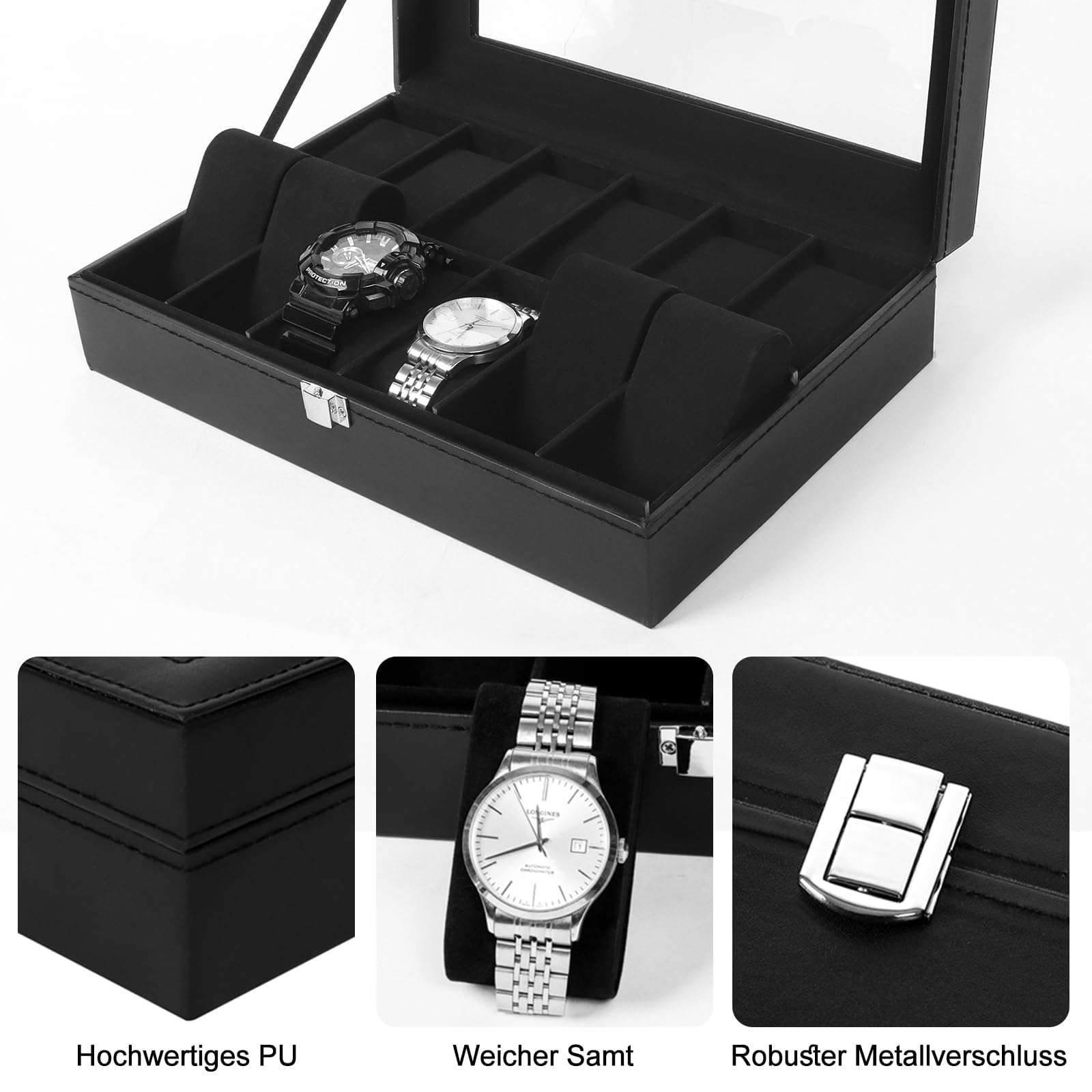 Boîte à Montres à 12 Emplacements, Coffret à Montres,Présentoir à Montres,avec Couvercle en Verre,Coussinets Amovibles,Cadeau pour Homme,Boîte Rangement Montre pour Hommes Femmes,Noir