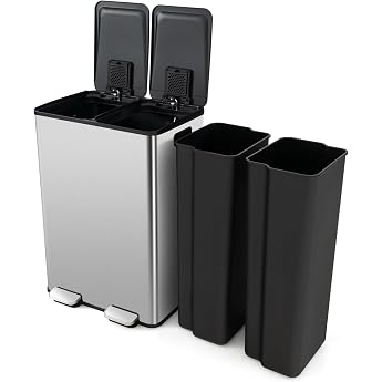 COSTWAY Rubbish Bin 2 Compartments 2 x 30 L Kitchen Pedal Bin with Soft Close Lid Waste Separation System Including 2 Deodorising Compartments Made of Stainless Steel and Plastic Silver