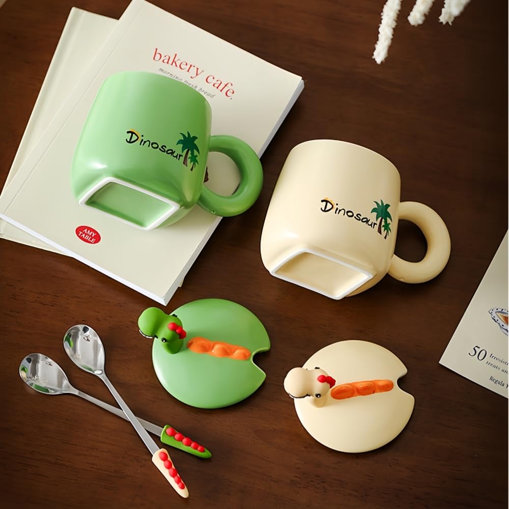 3D Dinosaurier Keramik Kaffeetasse mit Deckel & Löffel, 380ml, süße lustige Tasse für Kinder, Frauen, Männer, kreatives Geschenk zu Weihnachten, Geburtstag (4er Set Beige)