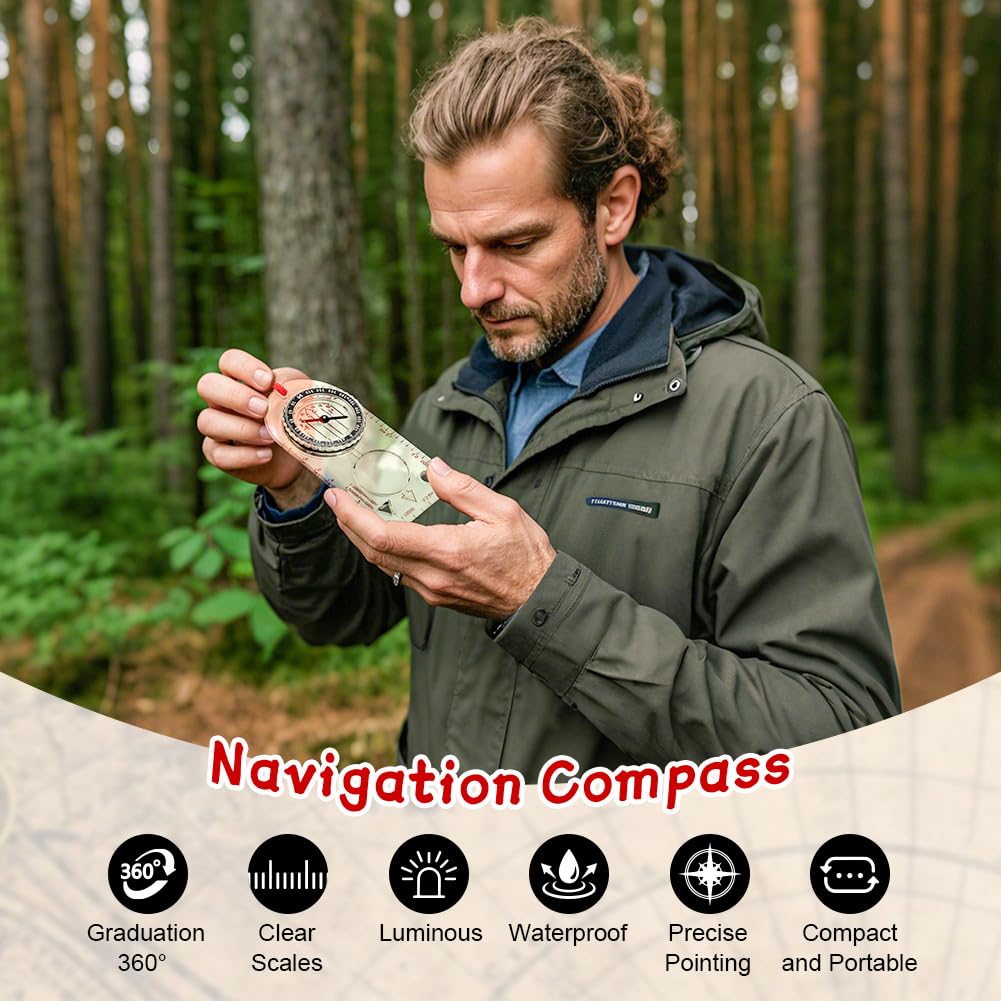 Flintronic Boussole de Navigation, Boussole d'orientation avec Fonction Lumineuse, Boussoles Randonnée, étanche, avec Déclinaison Réglable, pour Lecture Carte Expédition Navigation Course Orientation