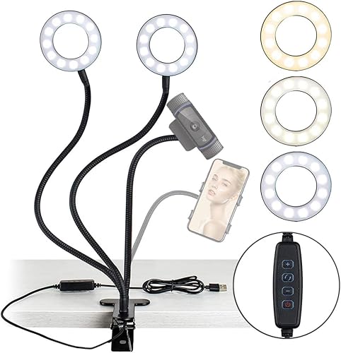 Aro de luz NexiGo de 3.5 pulgadas, doble, para selfie luz con teléfono móvil y soporte de cámara web, 3 modos de luz, 10 niveles de brillo, luz LED