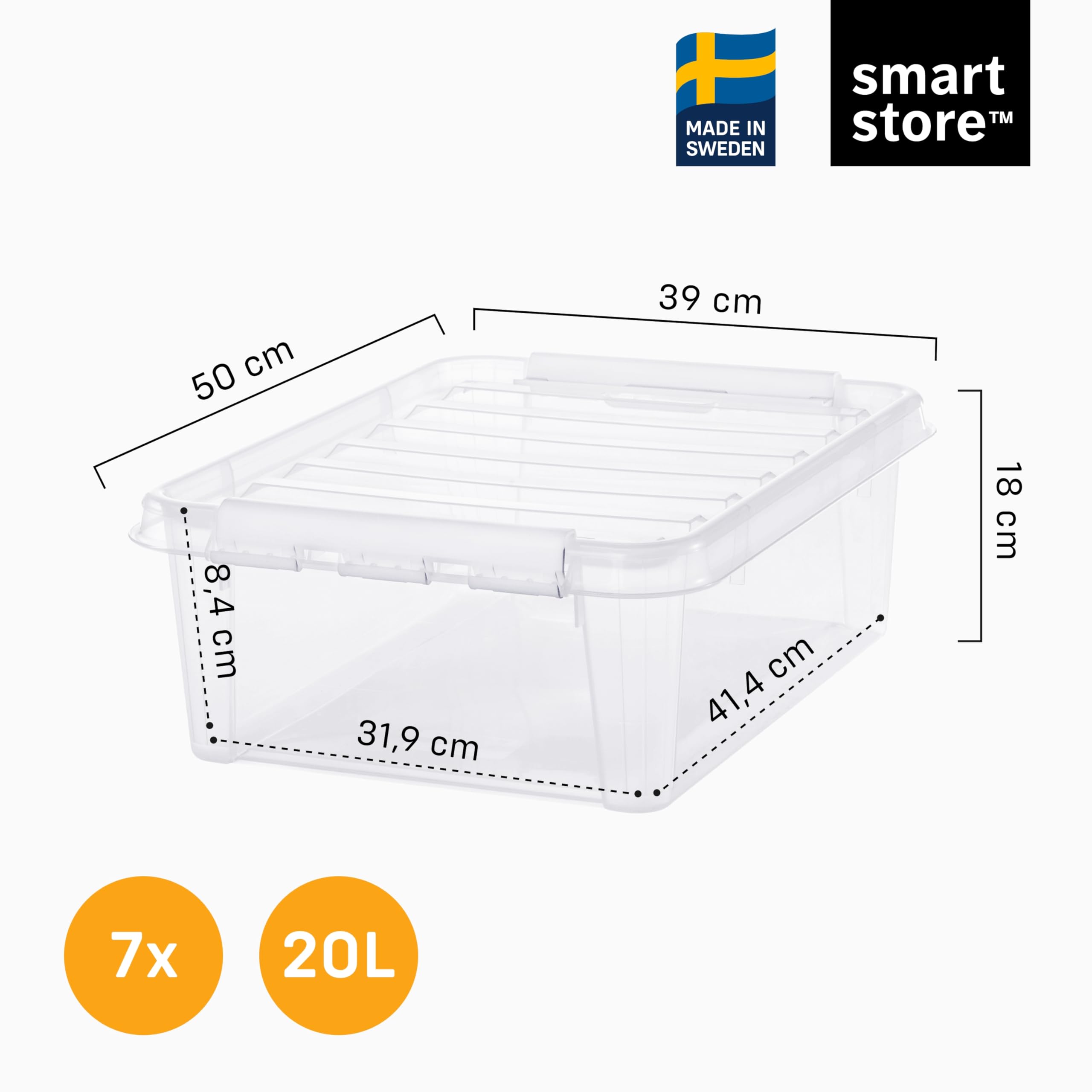 SmartStore cajas de almacenamiento de plástico de 20L con tapas - Juego de 7 - Apilables y encajables - Garantía de 10 Años - Seguras para Alimentos y sin BPA - Cierre con Clips L50 x An39 x Al18 cm