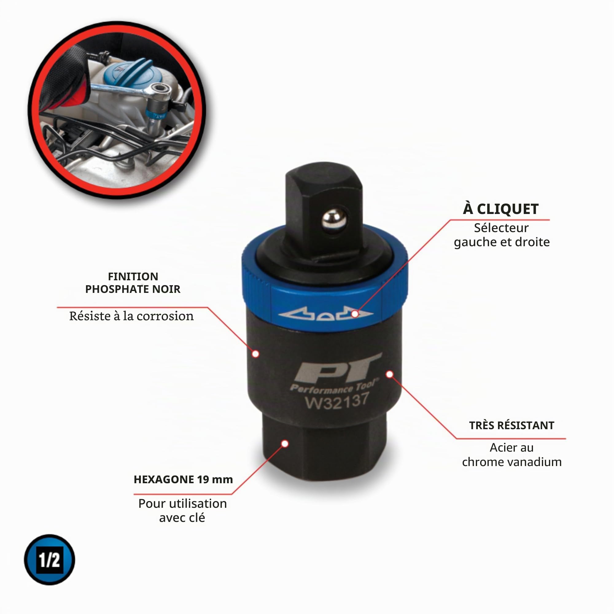 PERFORMANCE TOOL W32137 Dr, Adaptateur à cliquet 1/2"