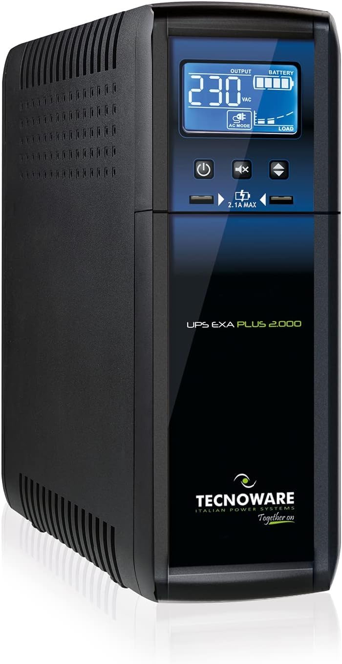 Tecnoware UPS EXA PLUS 2000 Gruppo Continuità per PC Gaming e Console - Alta Silenziosità - 8 Uscite IEC - Potenza 2000VA + Multipresa-Ciabatta con Protezione Sicurezza - Spina Ingresso tipo IEC C14