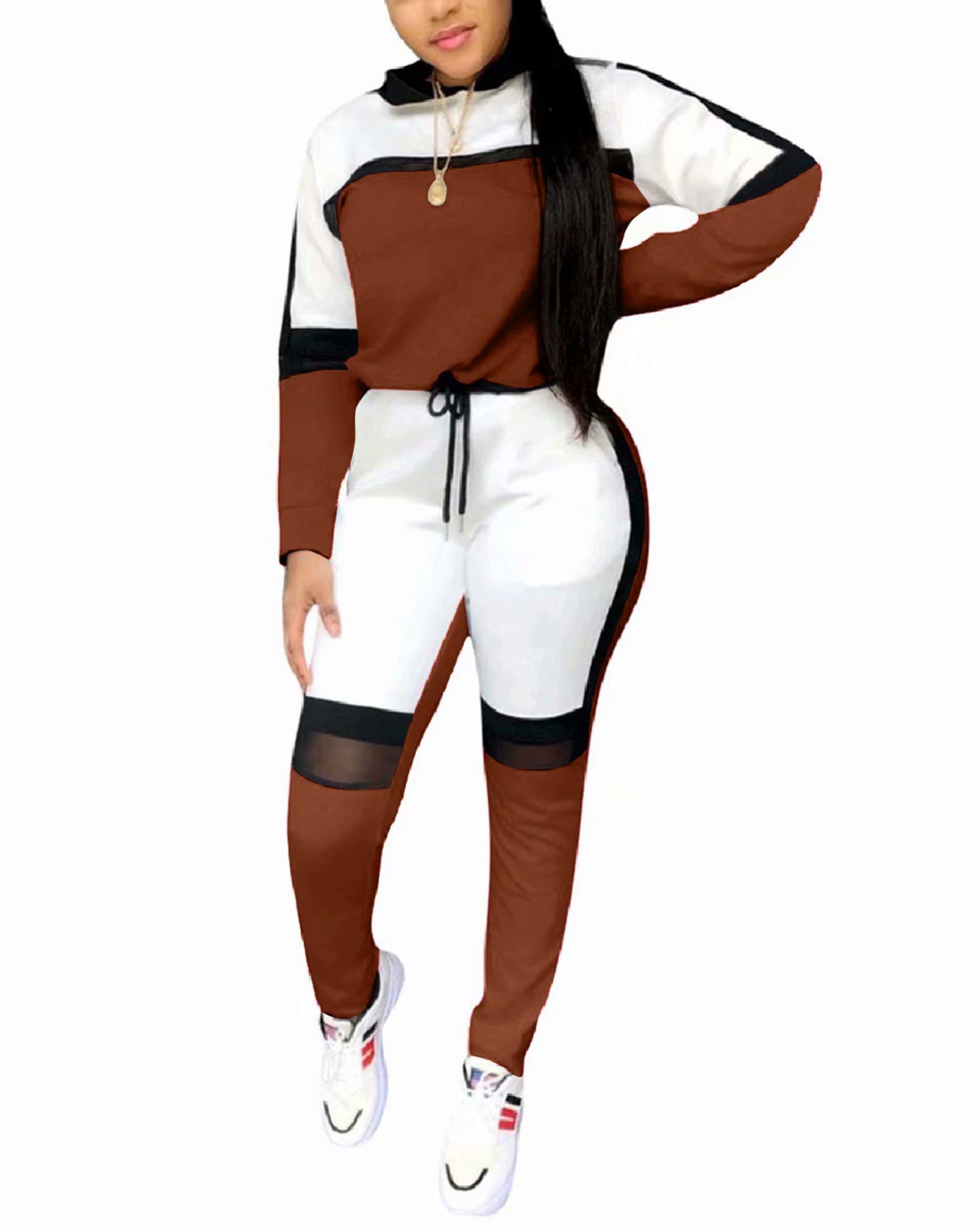 ThusFar Women's Casual Sweatsuit Two Piece Outfits Patchwork Net Color Block Pocket Hooded Top Pant Set Jogger Tracksuit