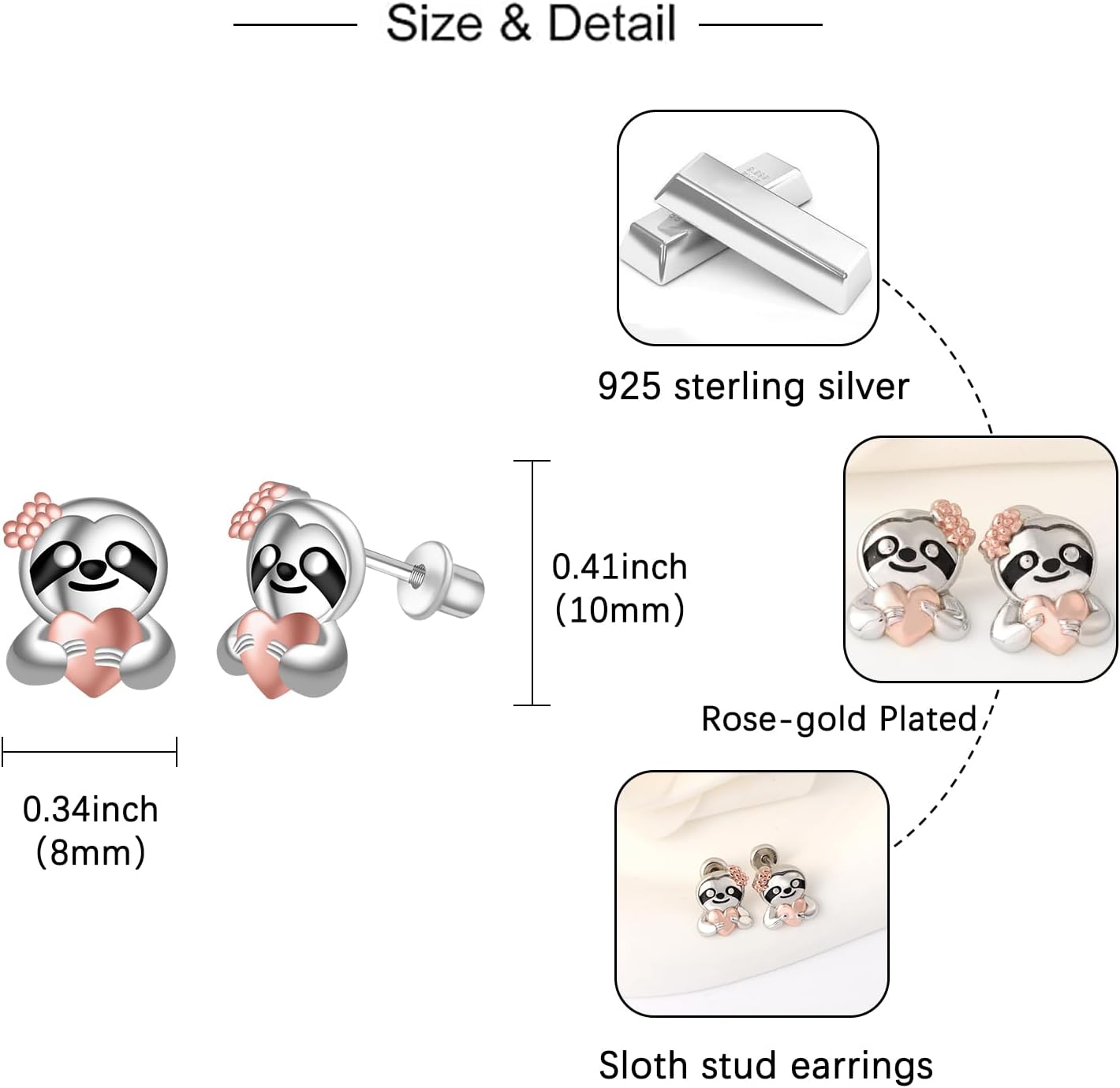 Sloth Screwback Stud Earrings for Women- 925 Sterling Silver Sloth Heart Animal Hypoallergenic Earring Jewelry Gifts Sensitive Ear