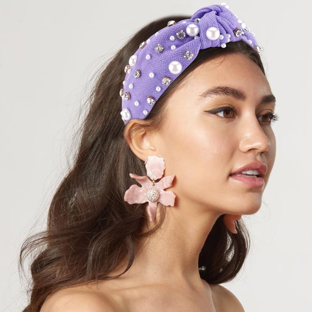 AHONEY Pearl Knotted Purple Headband for Women Girls, Rhinestone Top Knot Crystal Headband Jeweled Fashion Headpiece Boho Wide Head Band for Women's Hair Accessories - Image 7