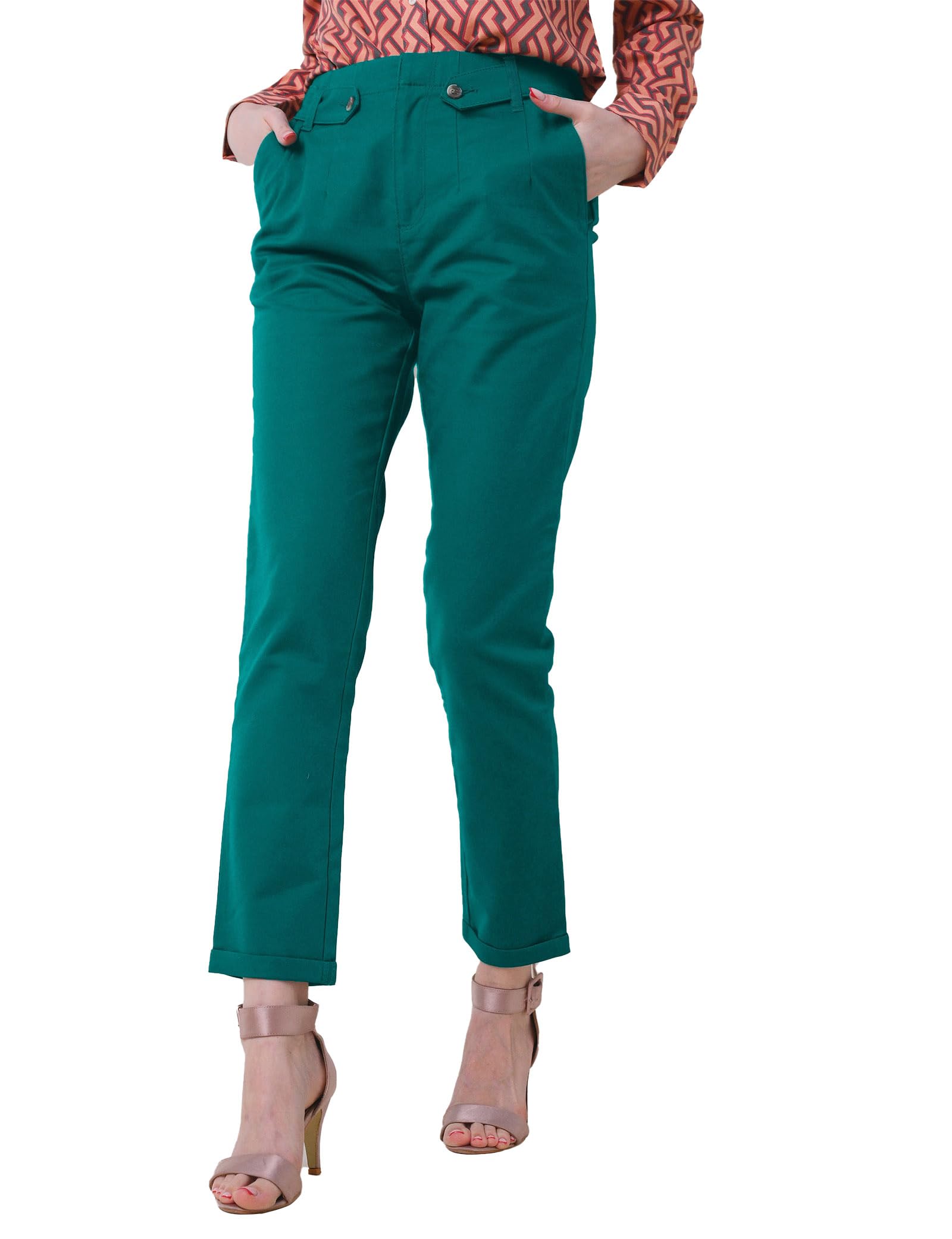 Enorsia Women's Green Tapered Leg Trousers - Adjustable Waist With Metal Popper Trendy Waist Belt Concealed Fly Front Fastening (8, ) Size 8