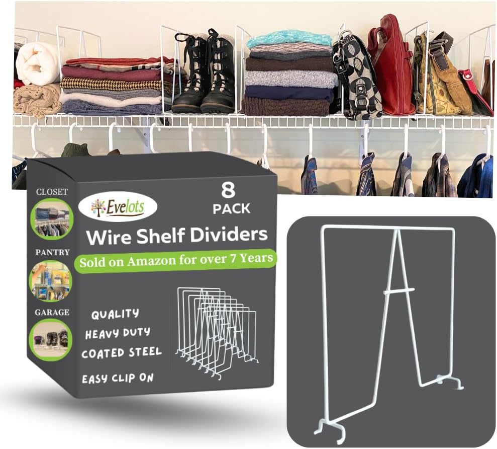 Evelots Tall Wire Shelf Dividers, 8 Pack - Easy Clip-On Closet Organizers for Pantry, Garage, Office - Sturdy Coated Steel Shelf Separators