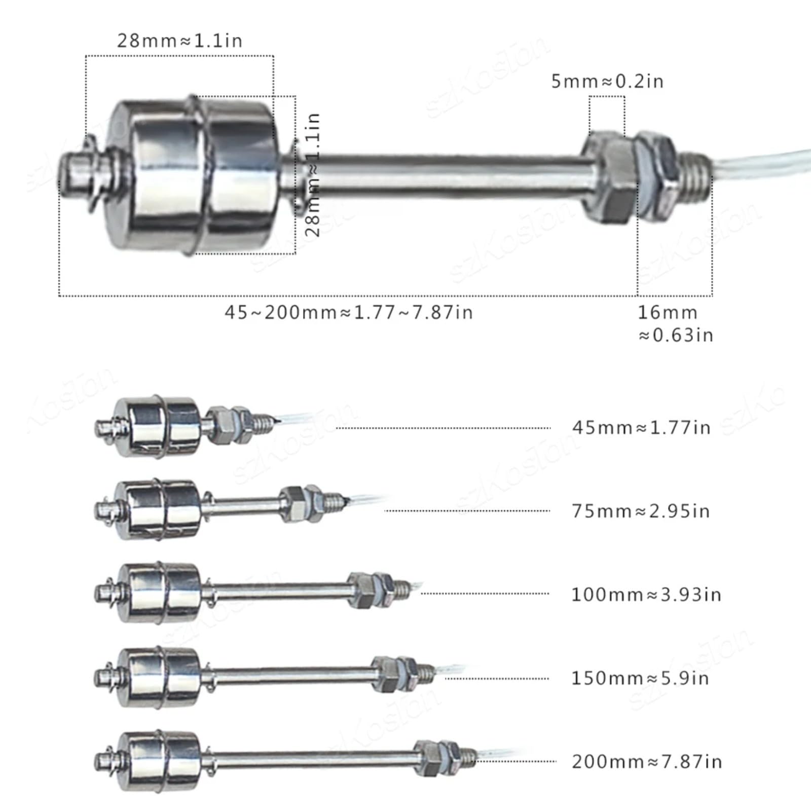 Automatyczny regulator poziomu cieczy ze stali nierdzewnej z przełącznikiem (200 mm)
