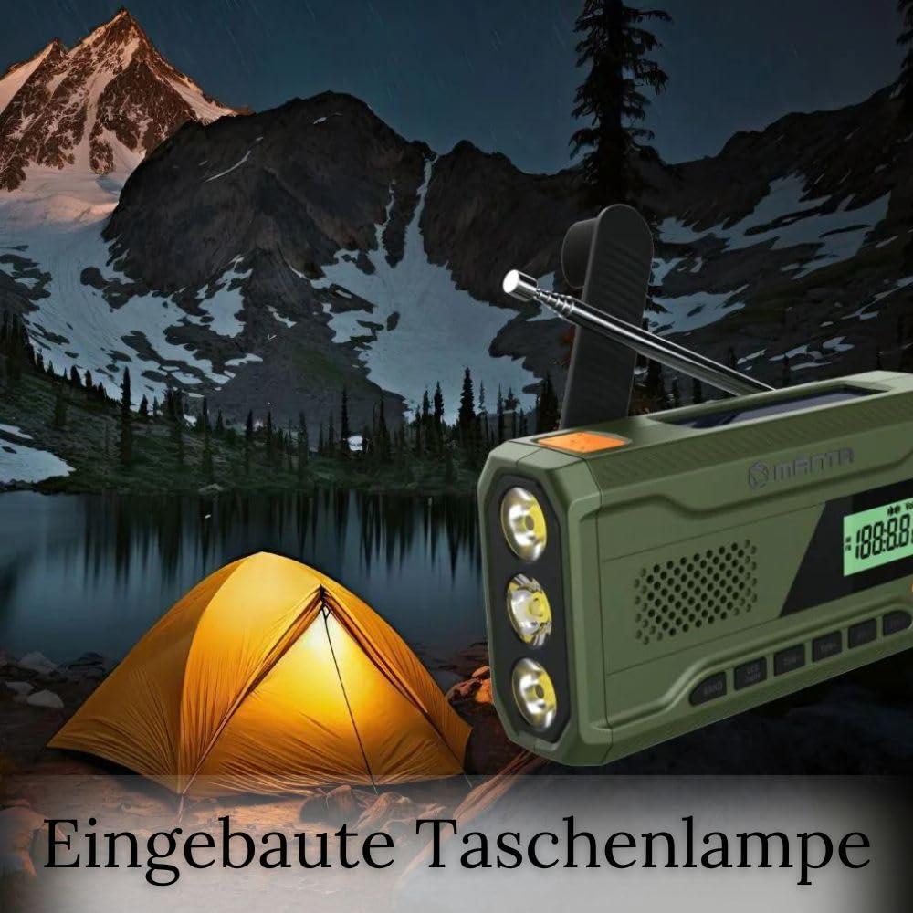 Manta RDI401G solarne radio awaryjne z korbą ręczną, radio FM z przenośnym powerbankiem 4500 mAh, USB-C, jasna latarka i lampka do czytania w sytuacjach awaryjnych w gospodarstwie domowym i na świeżym