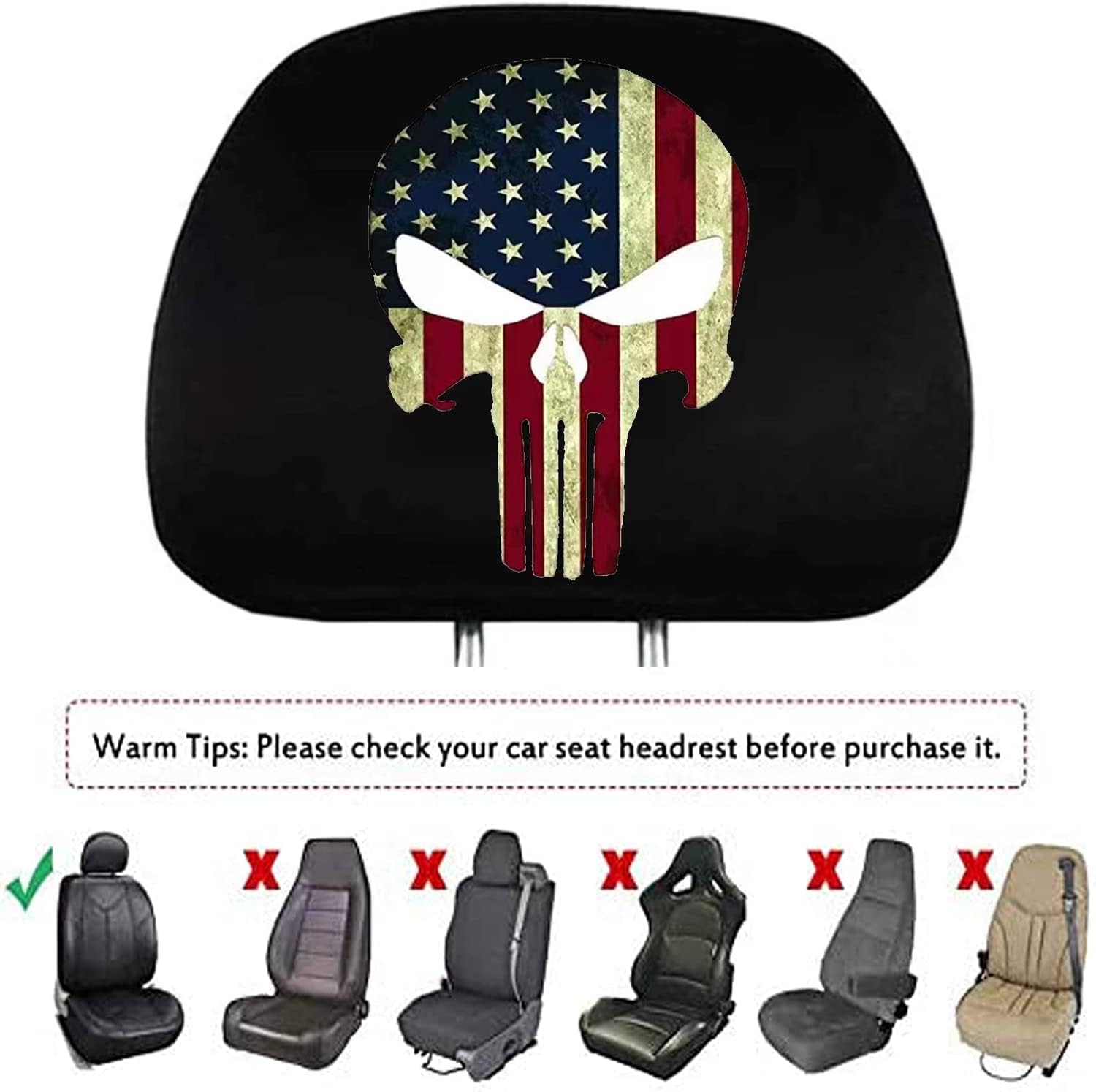 2 Pack Headrest Covers for American Skull Flag, Seat Cover Accessories oft Black Fabric Car Headrest Protector Universal Fit to All Car/Truck Models (American Skull Flag A)