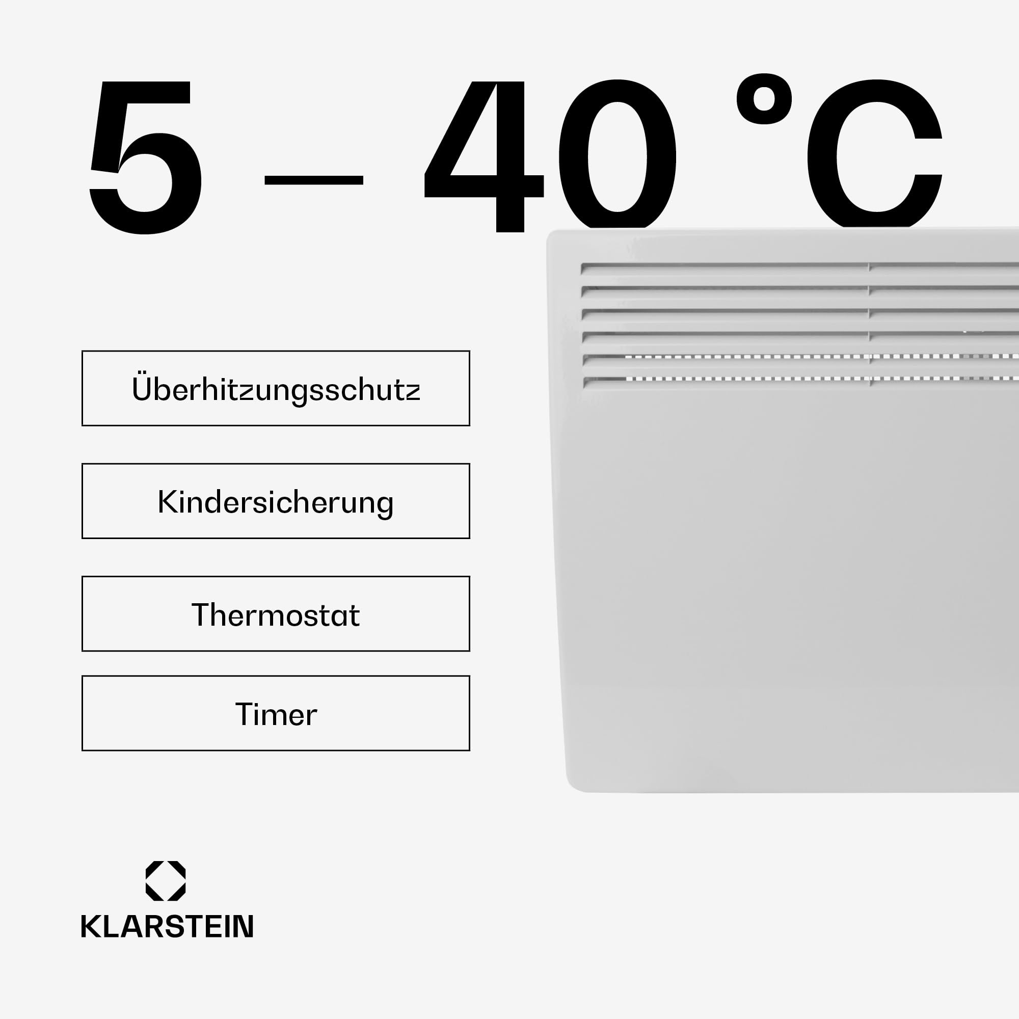 Klarstein Elektrischer Heizkörper mit geringem Energieverbrauch, 2000 W, elektrische Heizung für den Innenbereich mit Thermostat, Erkennung von offenen Fenstern, tragbare Zusatzheizung, leiser