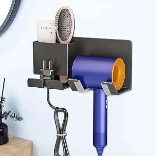 Hair Dryer Holder Wall Mount, Bathroom Blow Dryer Stand Wall Mounted Self Adhesive Hair Tool Holder Hair Styling Care Tool Organizer Hair Dryer Holder Rack Fit for Dyson Supersonic Dryers Black UEMUSI