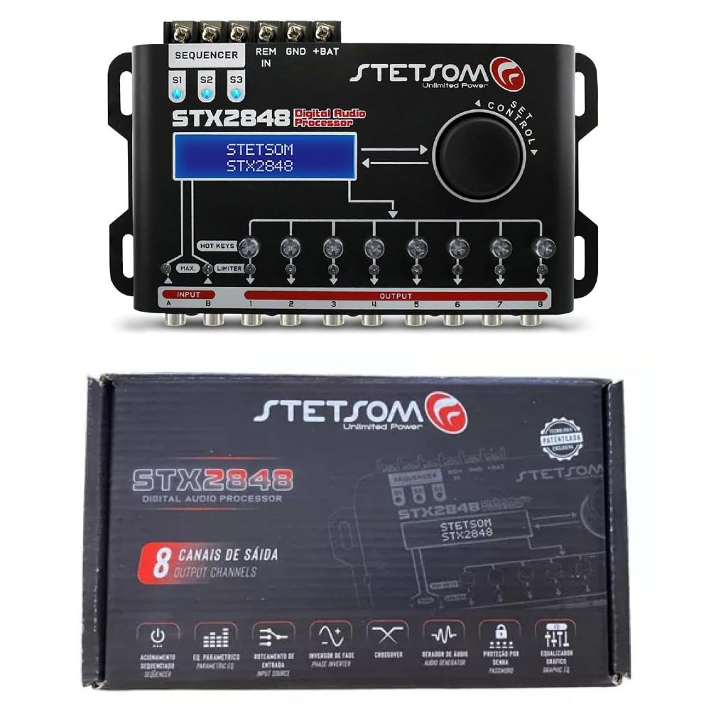 1 Stetson STX2848 procesador de Audio Digital de 8 Canales, Pantalla LCD, 2 entradas de Audio, 8 Salidas Independientes, para Auto Coche, 1 Pieza