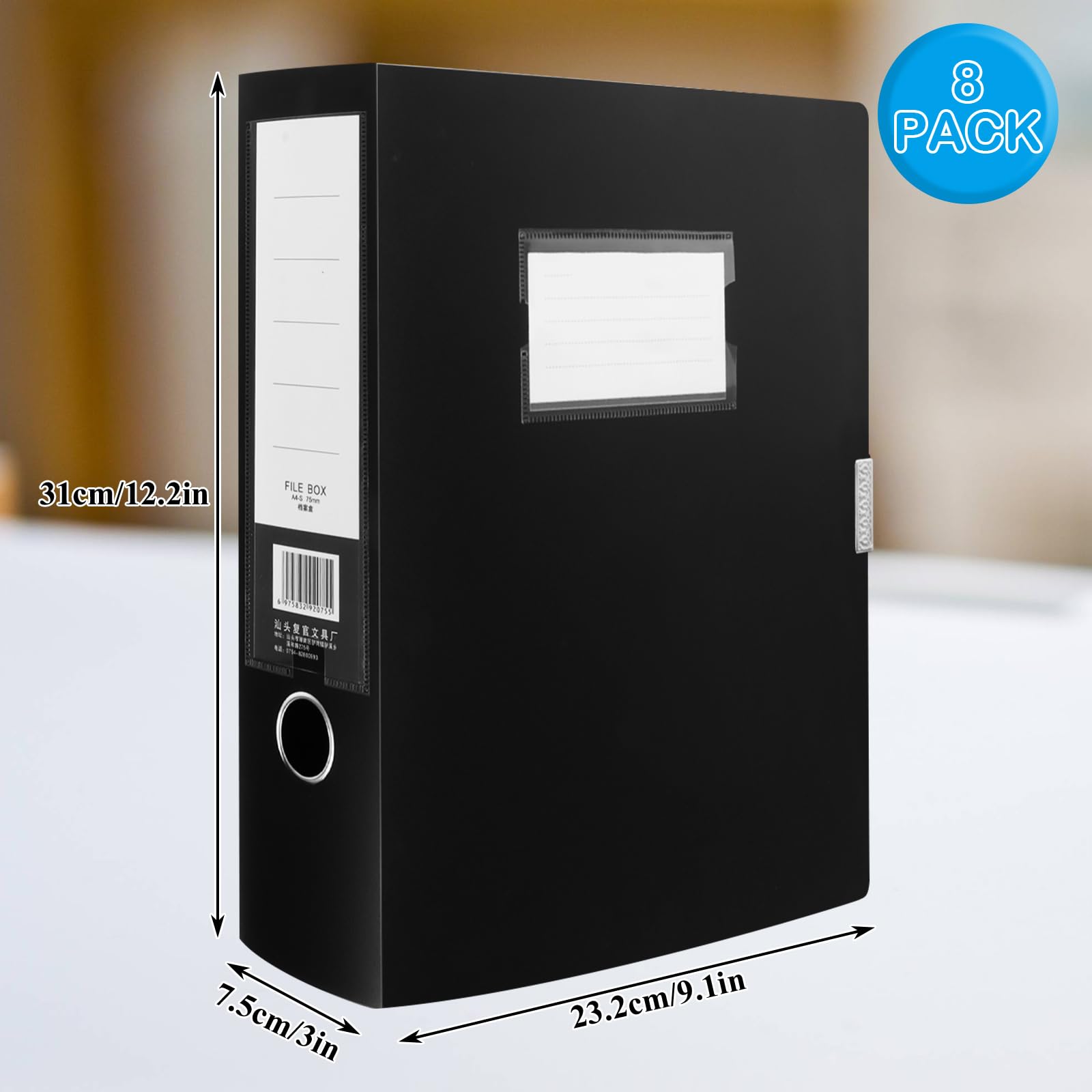 Oungy 8Pack Box Files A4, Black Box Files Plastic Document Boxes, 75mm Spine Foolscap Boxes File for Paperwork A4 - Image 2