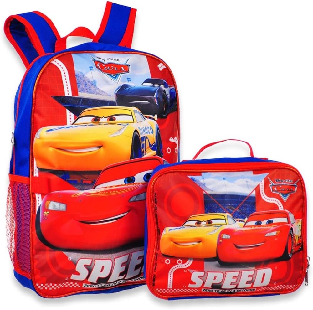 Ruz Disney Cars Kid's 16 Inch Backpack With Removable Lunch Box Set Lightning Mcqueen School, Large