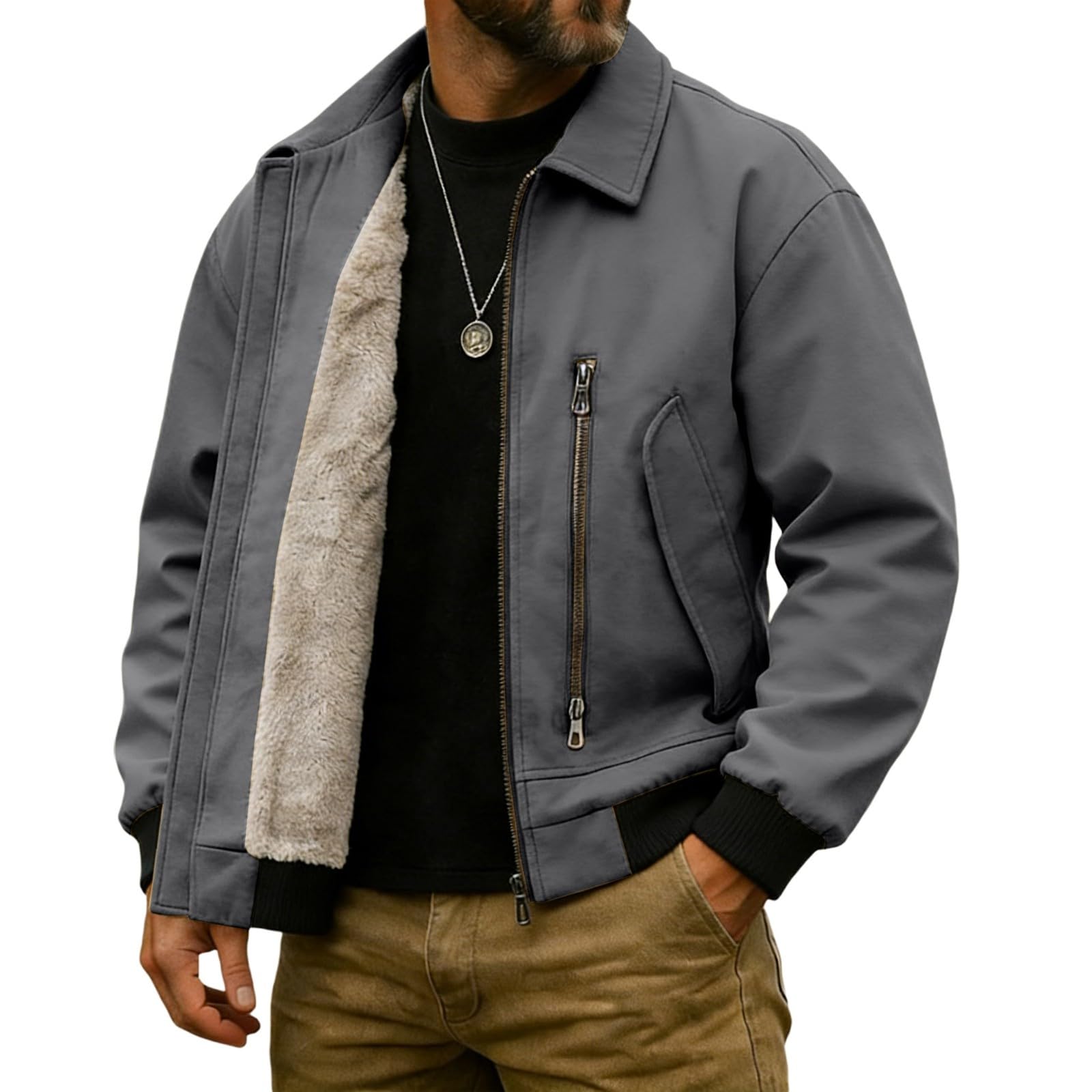 Winterjacke Herren Lang Warme Wintermantel Skijacke Steppjacke Daunenjacken，Stilvolle Kunstlederjacke mit Fleece-Einsatz für lässige warme - Winterbekleidung