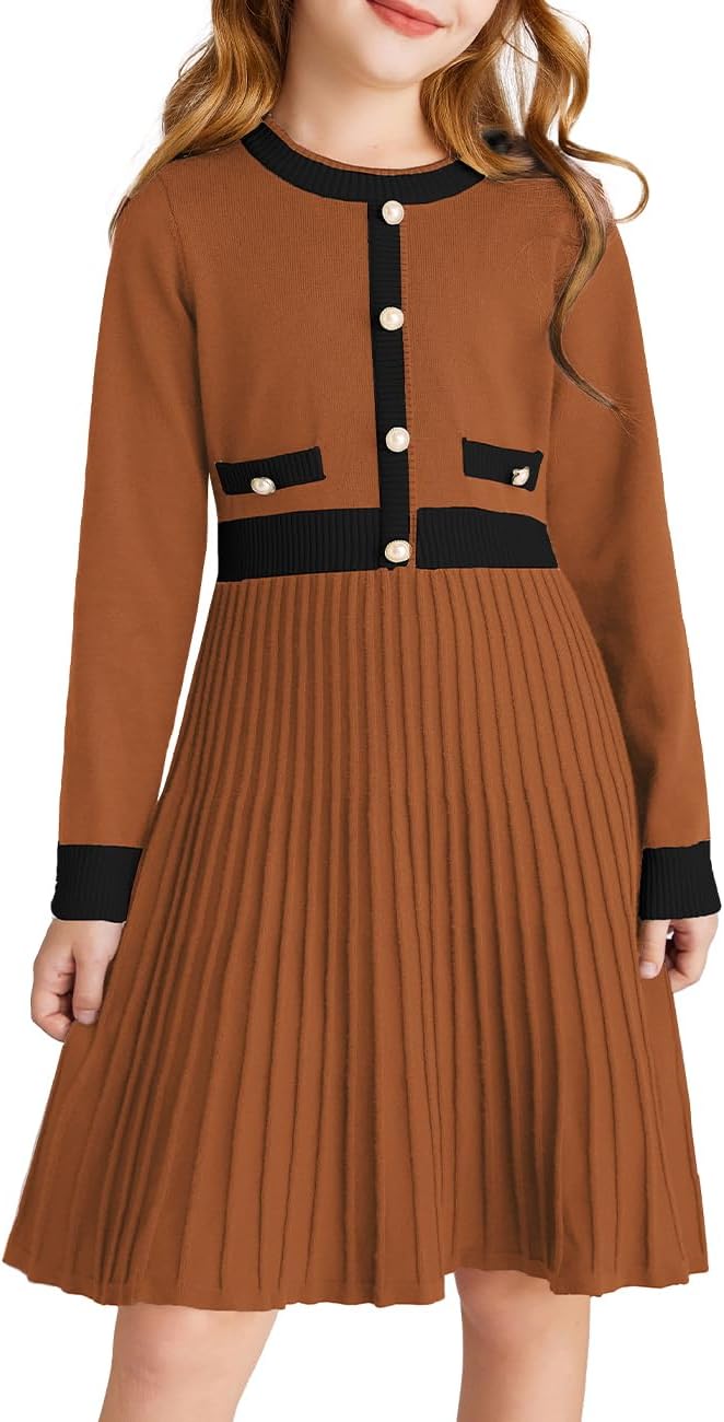 GRACE KARIN Girls Sweater Fall Dress Long Sleeve Knit A Line Contrast Casual Winter Dresses 6-14Y GRACE KARIN Girls Sweater Fall Dress Long Sleeve Knit A Line Contrast Casual Winter Dresses 6-14Y