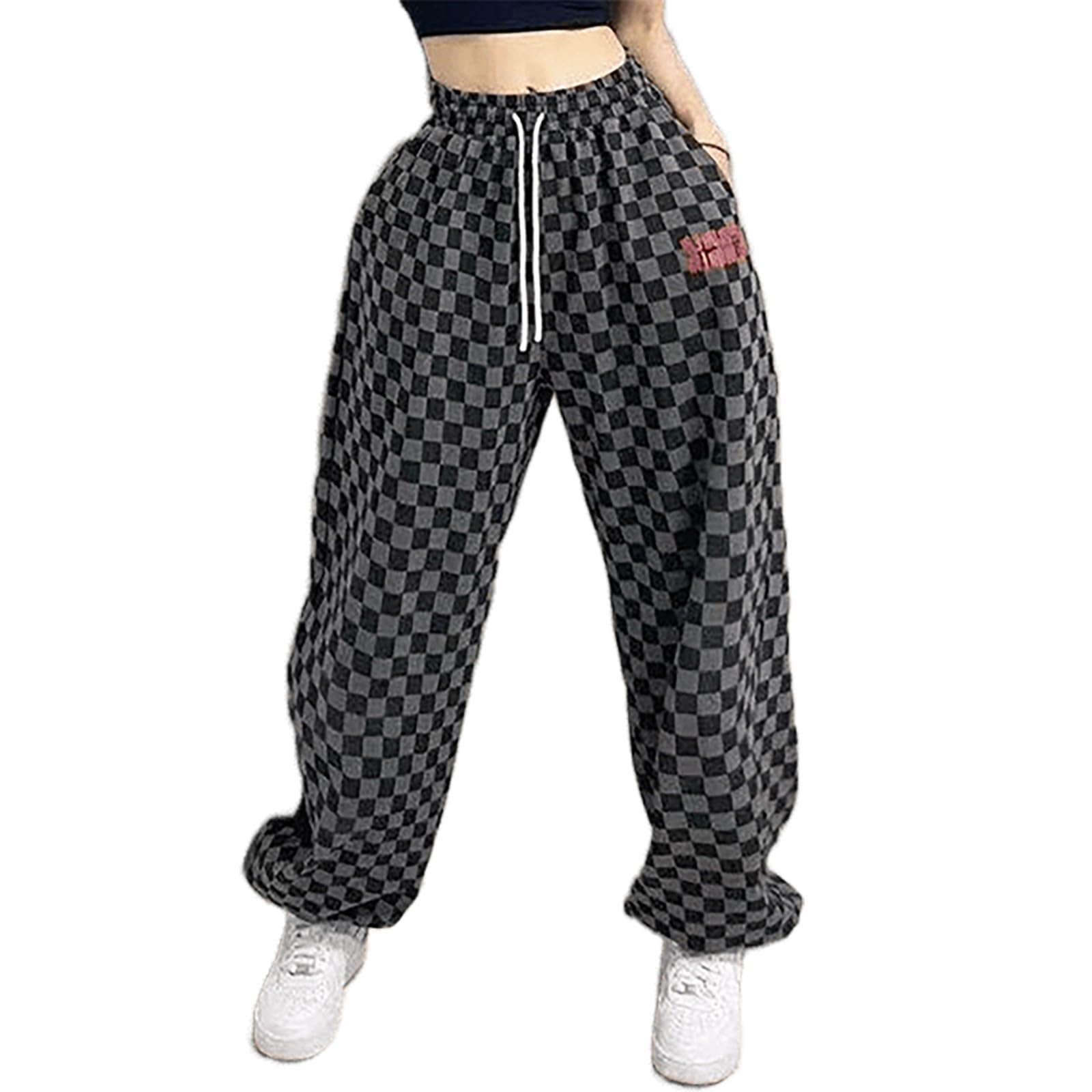 Womens Hiphop Street Dance Pants Elastic Waist Loose Wide-Leg Black White Checkered RetroJazz Trousers