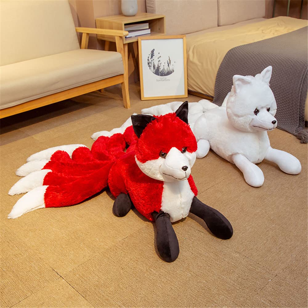 Realistico Nove Code Volpe Peluche Giocattoli Peluche Animale Peluche Nove Code Volpe Bambole Decorazione Della Casa per Bambini/Ragazze Regalo Di Compleanno 32 * 63 cm Bianco