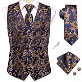 Hi-Tie Navy Blue Vest Mens Wedding Brown Rose Floral Tie Pocket Square Tie Clip Cufflinks Suit Sets